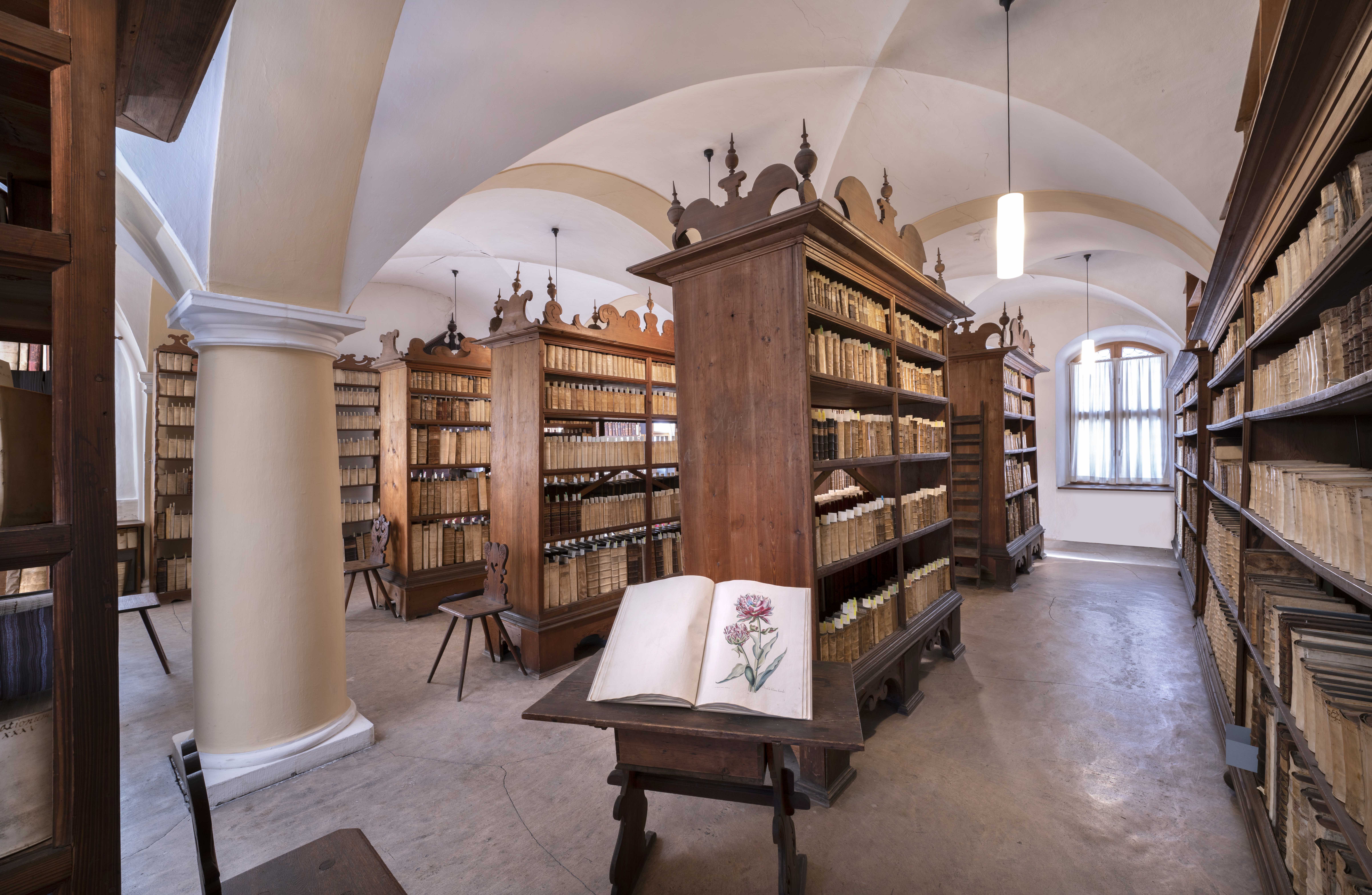 HIstorischer Bibliothekraum mit hohen, dunklen Holzregalen voller historischer Bücher. Regale stehen in mehreren Reihen. Gewölbte Decke